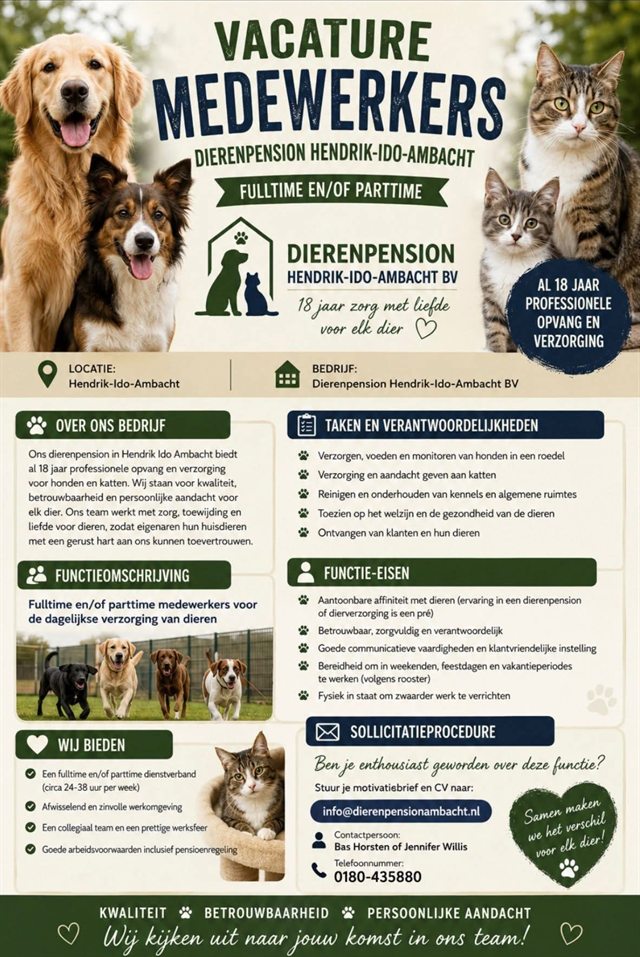 Vacatureposter Dierenpension Hendrik-Ido-Ambacht 2026: medewerkers gezocht, fulltime en/of parttime